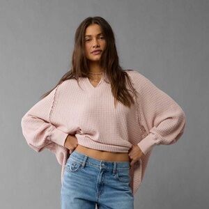Aerie AE American Eagle Big Hug Notch Neck Waffle Sweatshirt Pink Small Lace